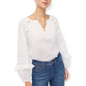 J. CREW Winter White Blouse Classic Ruffle-trim Puffed Sleeve Peasant Top NWT